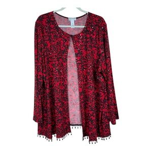 Catherine's Red & Black Sequin & Beaded One Button Open Front Cardigan Size 2X